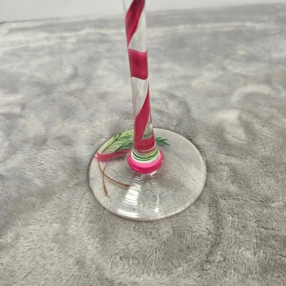 Hand Painted Christmas Wine Glass Holiday Drum Pink Bow Candy Cane Stem 9 inch